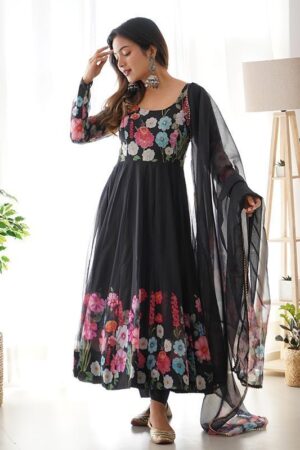 Flower Black Printed Anarkali Gown With Pant & Dupatta Set