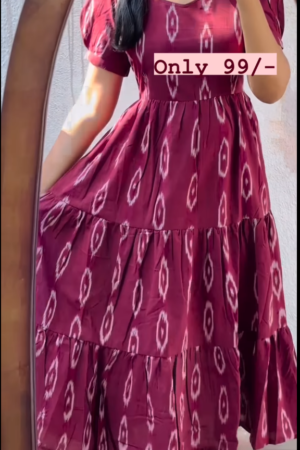 Dark Pink Cotton Printed Ruffle Dress