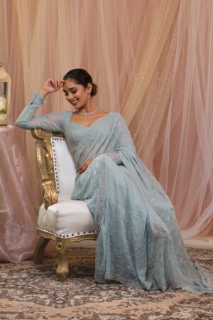 Sky Blue Stonework Georgette Designer Saree