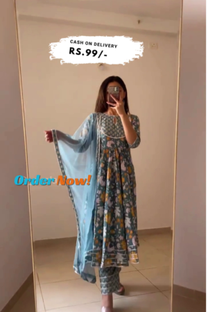 Grey Yoke Design Cotton Anarkali Kurta With Trousers & Dupatta