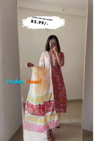 Pink Printed Cotton Straight Kurta With Palazzos & Dupatta
