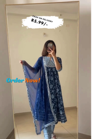 Blue Yoke Design Cotton Anarkali Kurta With Palazzos & Dupatta