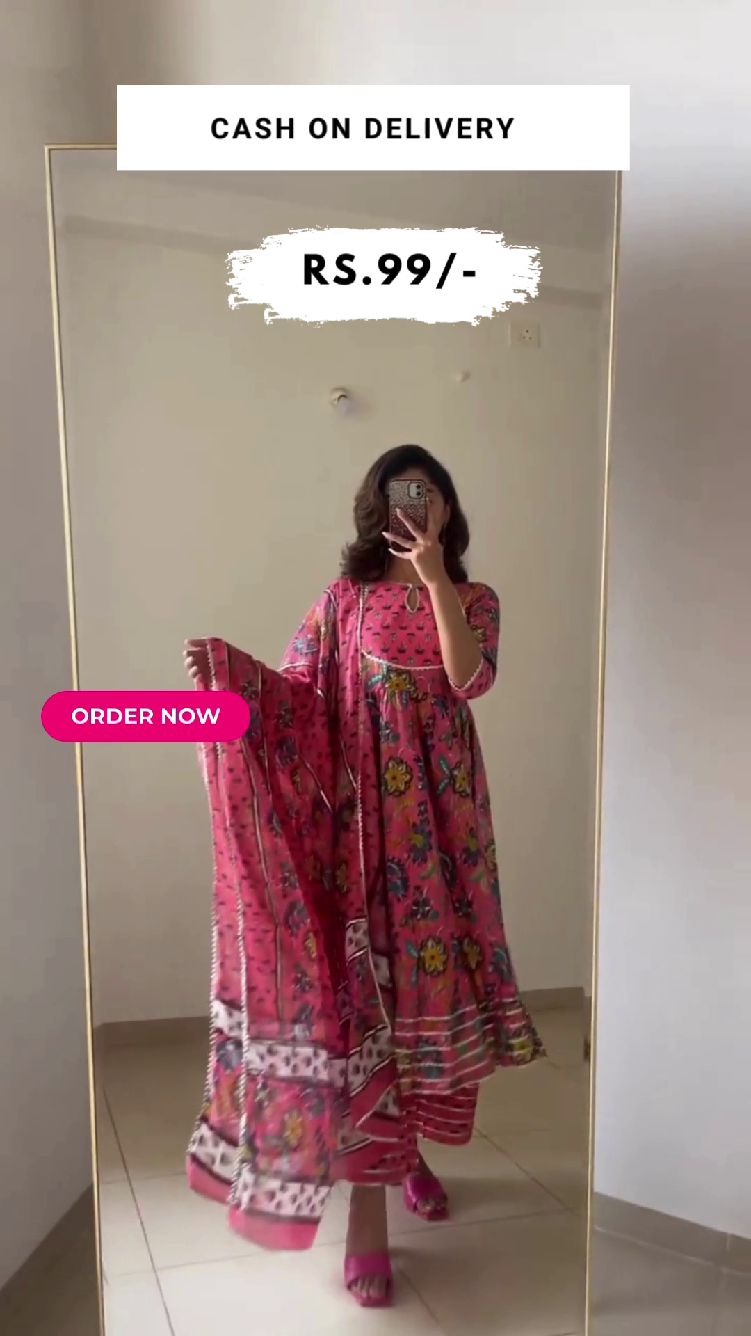 Pink Printed Cotton Anarkali Kurta With Palazzos & Dupatta