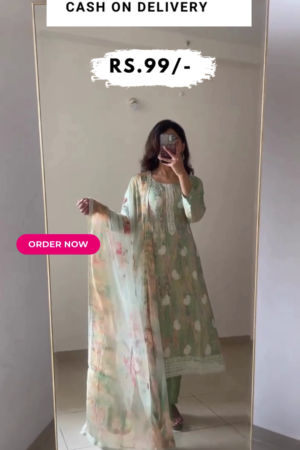 Green Embroidered Georgette Straight Kurta With Trousers & Dupatta