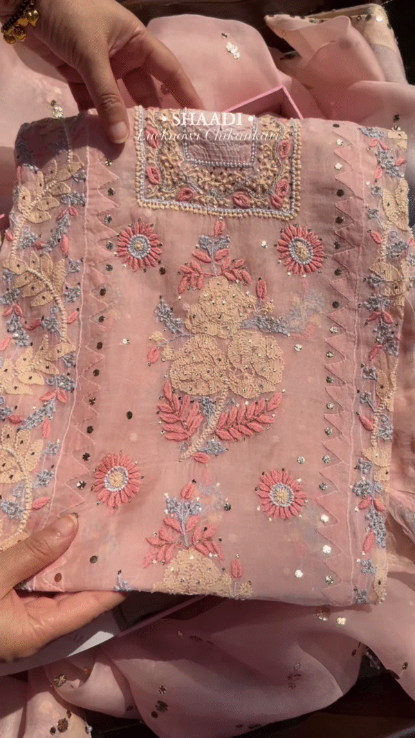 pink colour heavy chikankari suit set with koti - Image 4