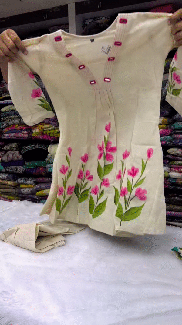 Elegant Off-White Kurti – Hand-Painted Floral Charm - Image 2
