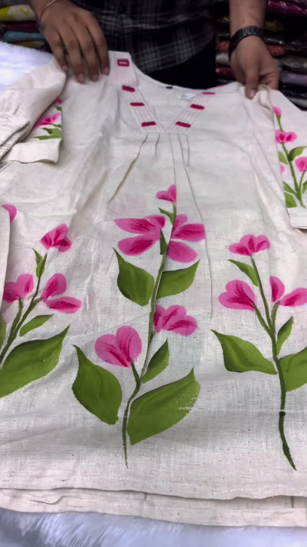Elegant Off-White Kurti – Hand-Painted Floral Charm - Image 3