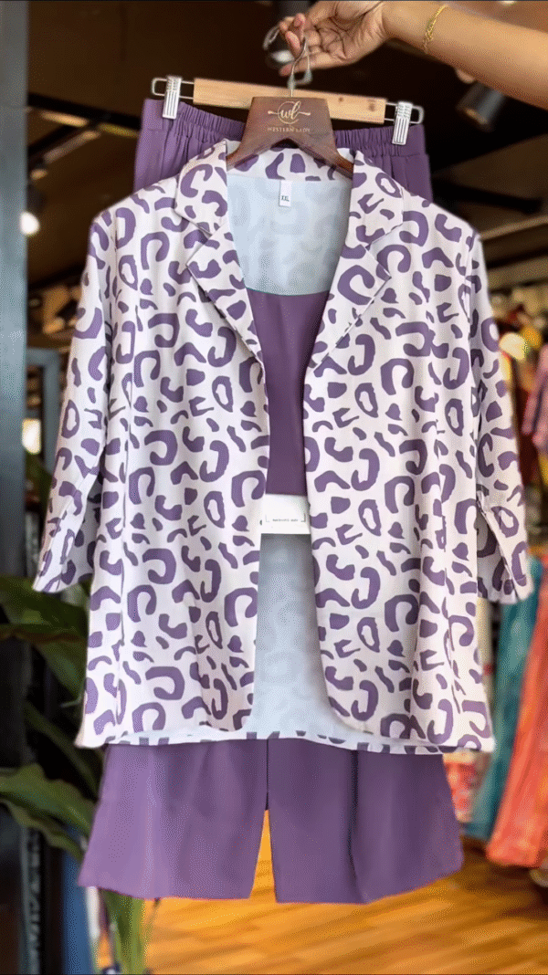 Lilac Leopard Print Co-Ord Set with Solid Inner & Shorts – Bold & Breezy