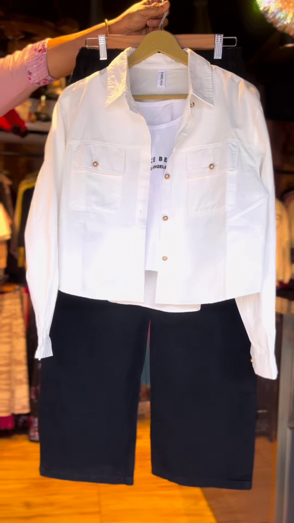 Classic Monochrome Co-Ord Set with White Utility Jacket & Black Culottes