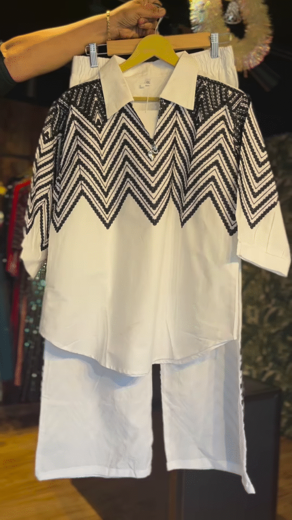 Black & White Sequin Chevron Kurti Set with Palazzo Pants