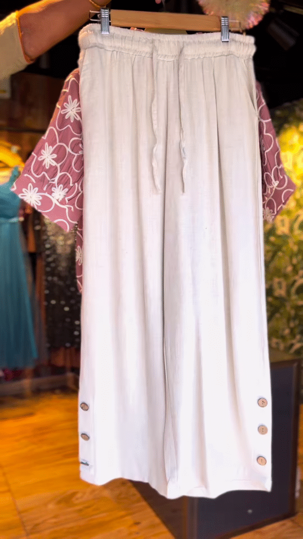 Mauve Floral Printed High-Low Kurti with Off-White Palazzo Pants - Image 2