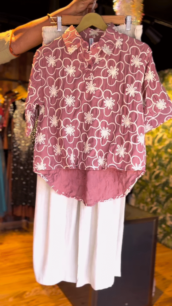 Mauve Floral Printed High-Low Kurti with Off-White Palazzo Pants