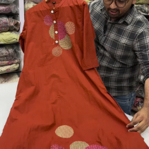 Rust Orange Designer Kurti – Abstract Patchwork Elegance (Also in Purple)