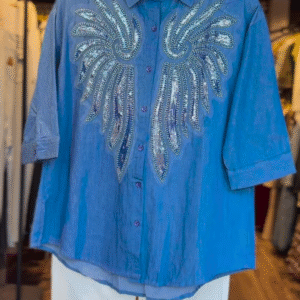 "Statement Rhinestone Angel Wings Shirt – Denim Blue"