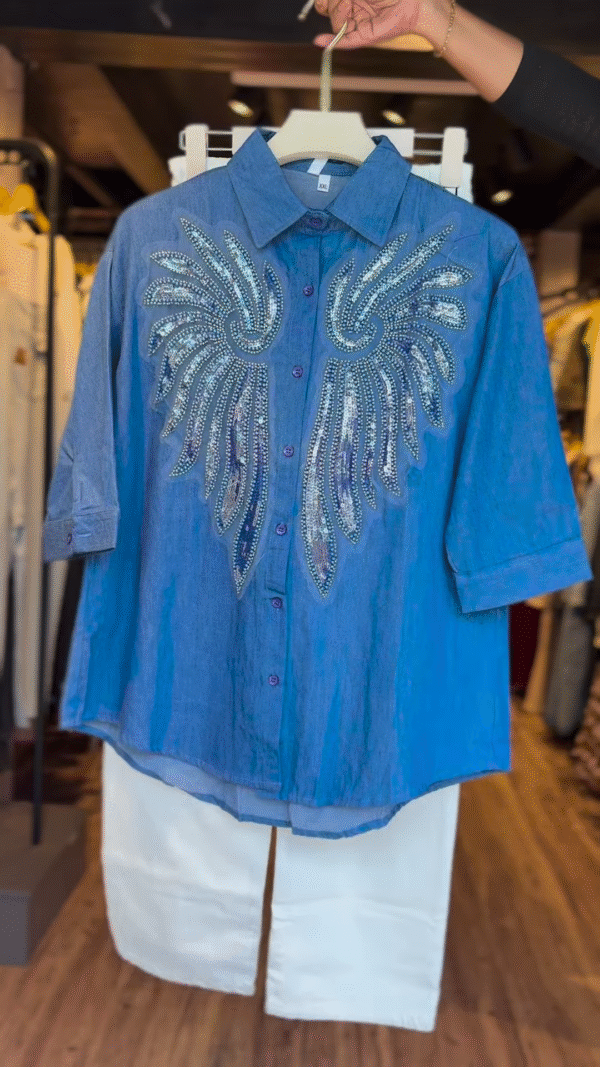 "Statement Rhinestone Angel Wings Shirt – Denim Blue"