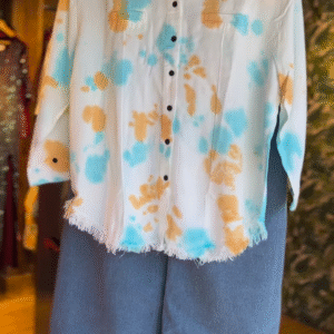 White Tie-Dye Cotton Shirt – Beach Vibes in Blue & Orange Splash