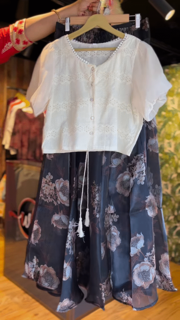 Vintage Bloom – Embroidered Top & Floral Skirt Set
