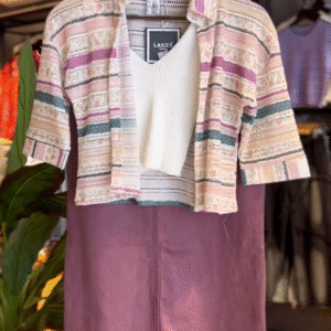 Boho Blend – Textured Crop Shirt & Mauve Skirt Set
