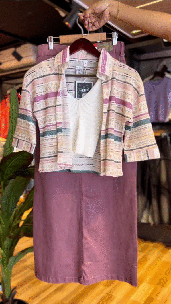 Boho Blend – Textured Crop Shirt & Mauve Skirt Set