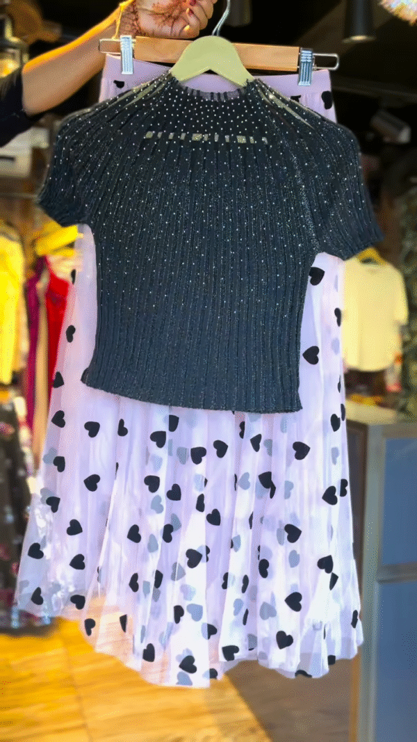 Sparkling Black Knit Top & Heart Print Skirt – Chic Party Co-ord Set
