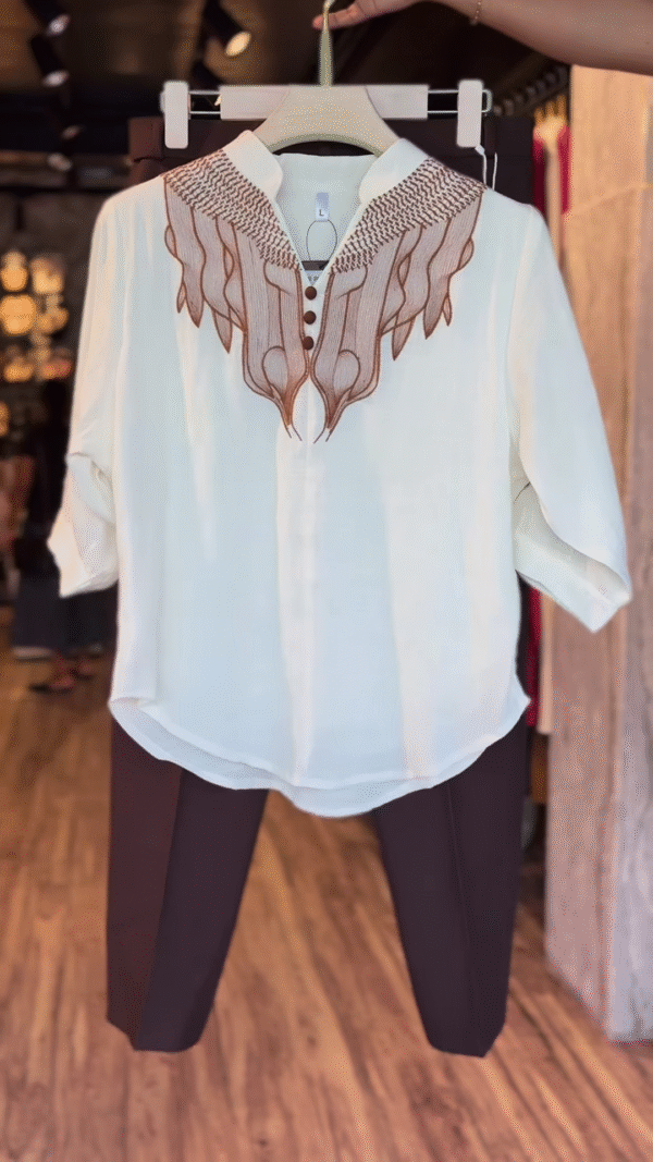 Earth & Edge – Ivory Embroidered Shirt with Coffee Brown Pants Set