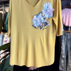 Golden Bloom – Mustard Polo Tee with Hand-Painted Floral Accent & Black Pants