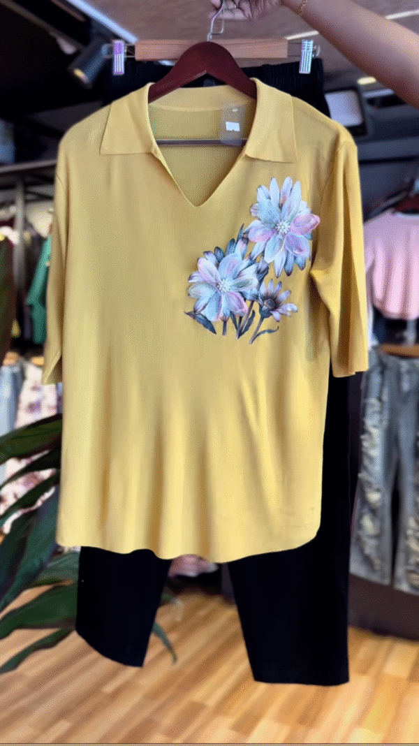 Golden Bloom – Mustard Polo Tee with Hand-Painted Floral Accent & Black Pants