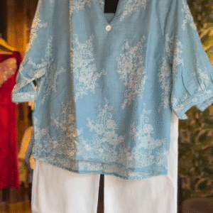 Aqua Whisper – Lace Embroidered Cotton Top & Pants Set