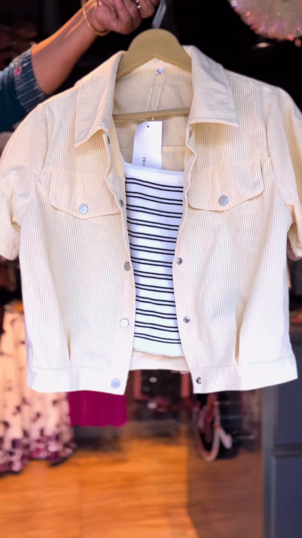 3-Color Corduroy Jacket with Striped Crop Top – Urban Casual Vibe