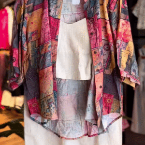 Vibrant Artistic Co-Ord Set with Abstract Print Shirt & Ivory Base