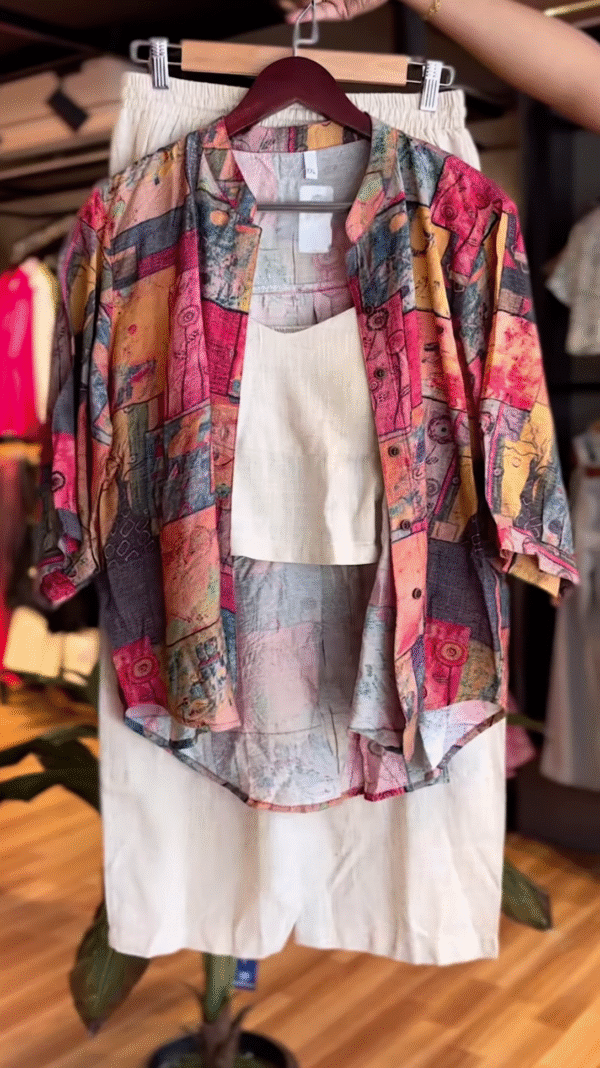 Vibrant Artistic Co-Ord Set with Abstract Print Shirt & Ivory Base