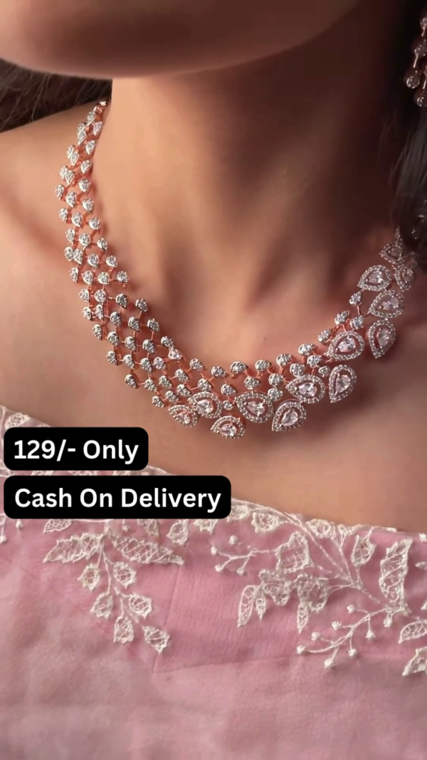 Radiant Rose Gold-Toned Short Necklace Set with Pear-Shaped Crystal Clusters - Image 2