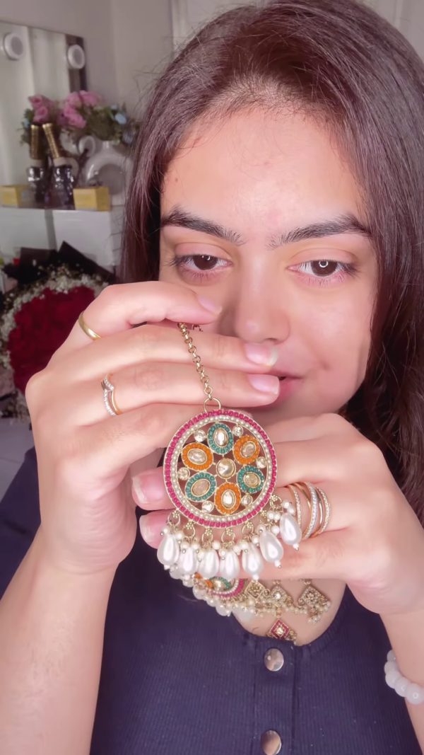 Stunning Kundan Necklace Set with Intricate Gemstone Detailing and Pearl Drops - Image 2