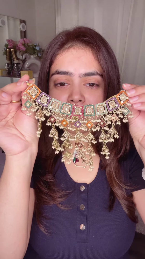 Stunning Kundan Necklace Set with Intricate Gemstone Detailing and Pearl Drops - Image 3