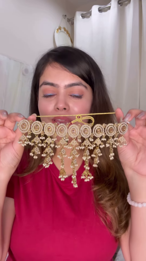 Ornate Gold-Toned Kundan Choker Necklace with Cascading Pearl Drops - Image 2