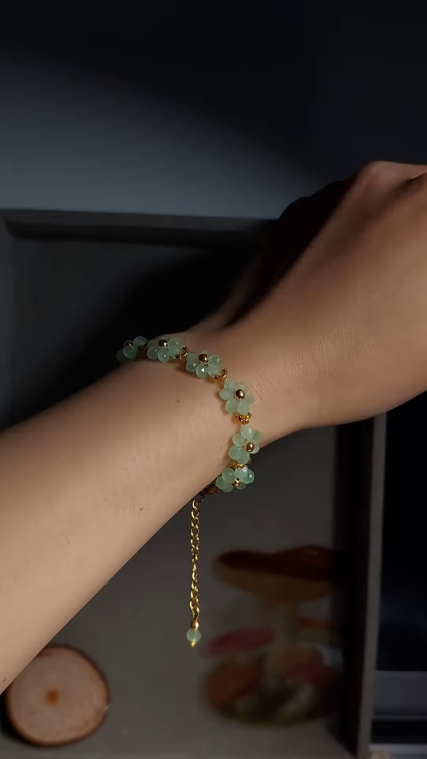 Delicate Light Green Gemstone and Gold-Toned Floral Bracelet for Women
