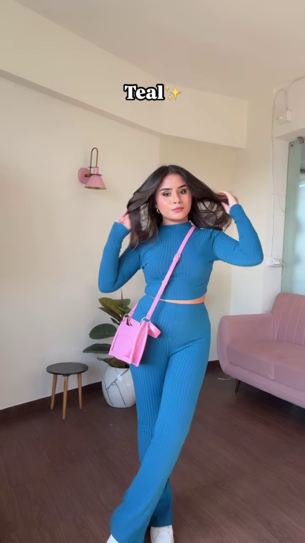 Chic Teal Ribbed Knit Co-ord Set with Cropped Turtleneck and Wide-Leg Pants
