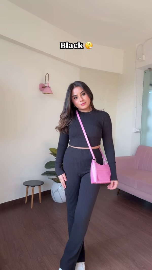 Chic Teal Ribbed Knit Co-ord Set with Cropped Turtleneck and Wide-Leg Pants - Image 2