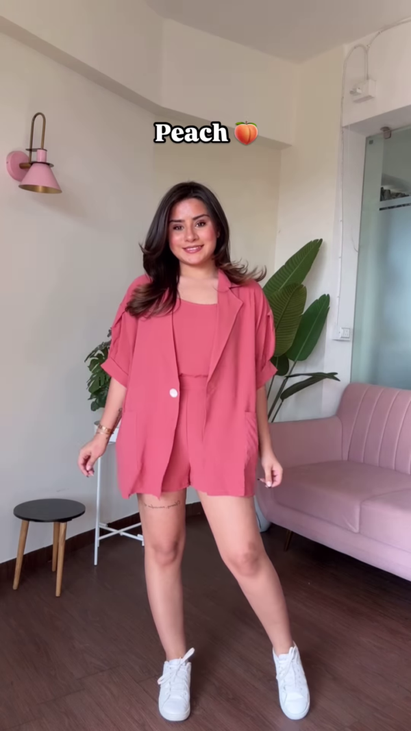 Chic Baby Pink Three-Piece Co-ord Set with Cropped Top, Shorts, and Blazer - Image 2