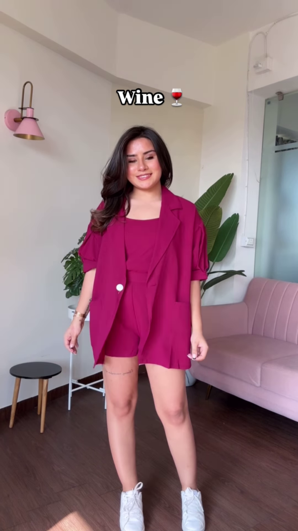 Chic Baby Pink Three-Piece Co-ord Set with Cropped Top, Shorts, and Blazer - Image 3