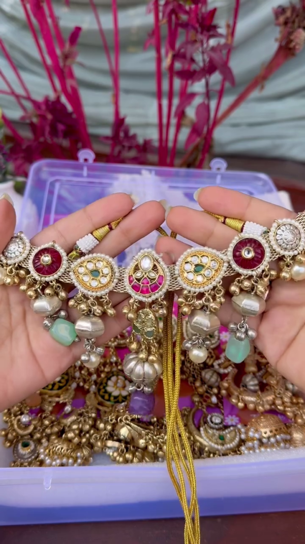 Exquisite Gold-Toned Jhumka Earrings with Kundan, Gemstones, and Pearl Details - Image 3
