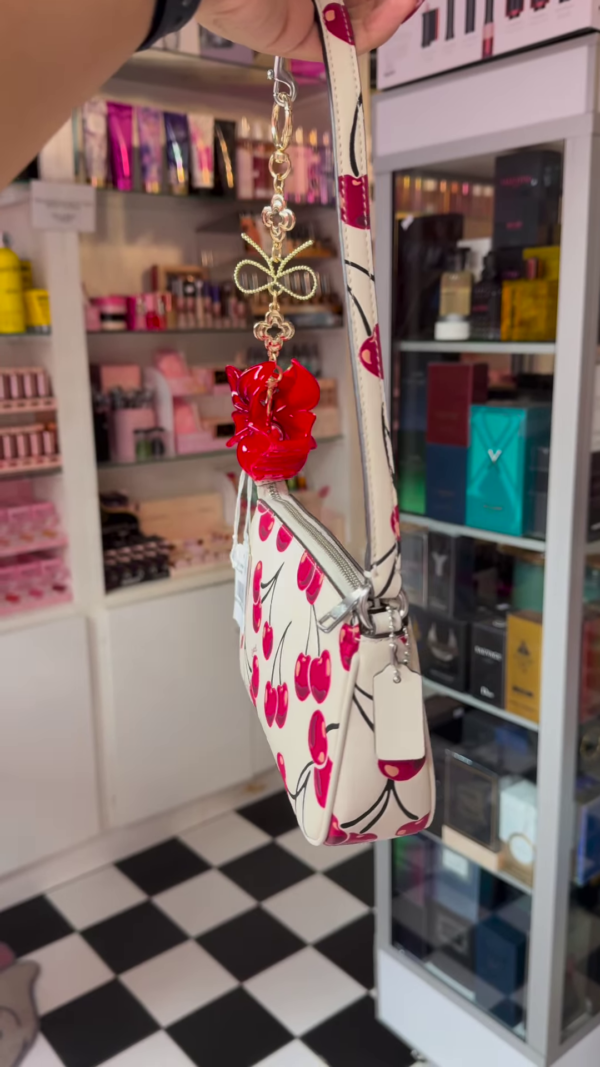 Wristlet with Cherry Print and Red Flower Charm - Image 2