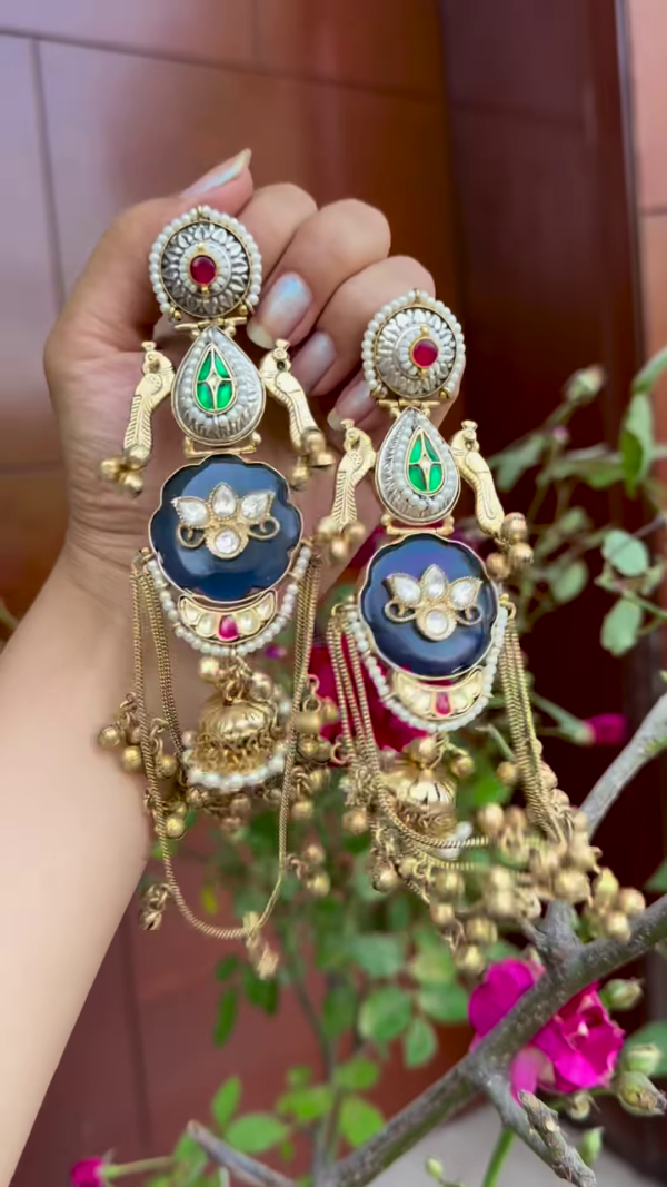 Opulent Gold-Toned Jhumka Earrings with Kundan, Gemstones, and Pearl Details - Image 2