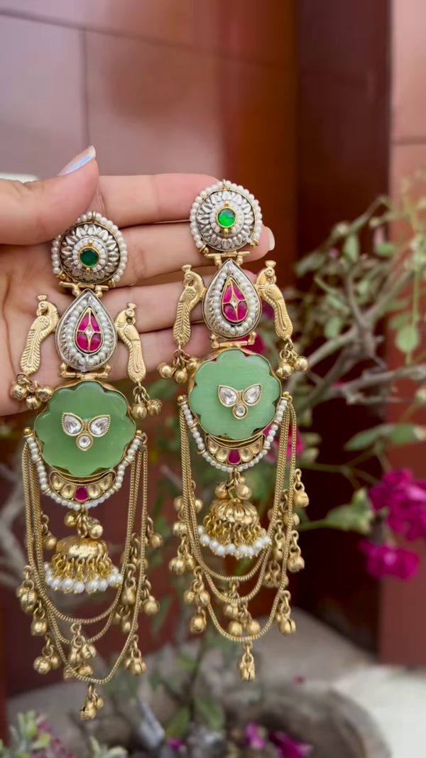 Opulent Gold-Toned Jhumka Earrings with Kundan, Gemstones, and Pearl Details - Image 5