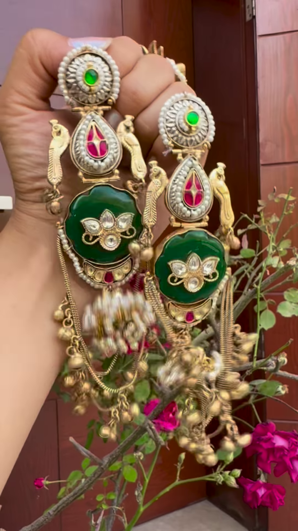Opulent Gold-Toned Jhumka Earrings with Kundan, Gemstones, and Pearl Details - Image 4