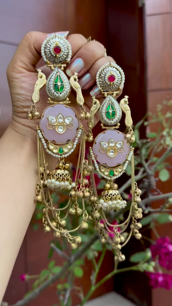 Opulent Gold-Toned Jhumka Earrings with Kundan, Gemstones, and Pearl Details - Image 3