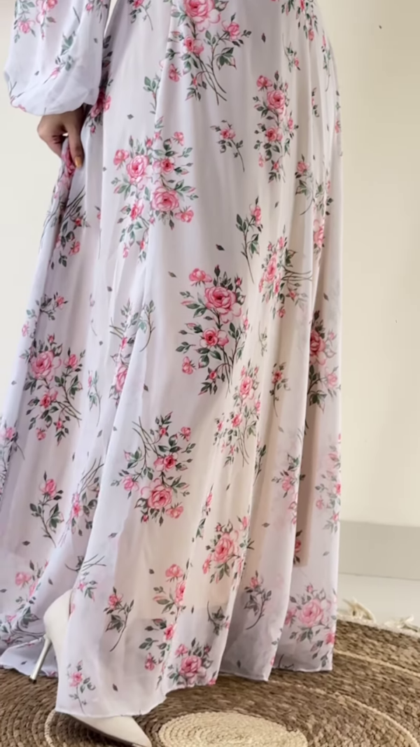 Romantic Floral Print Midi Dress with Sheer Sleeves and Lace Trim - Image 2