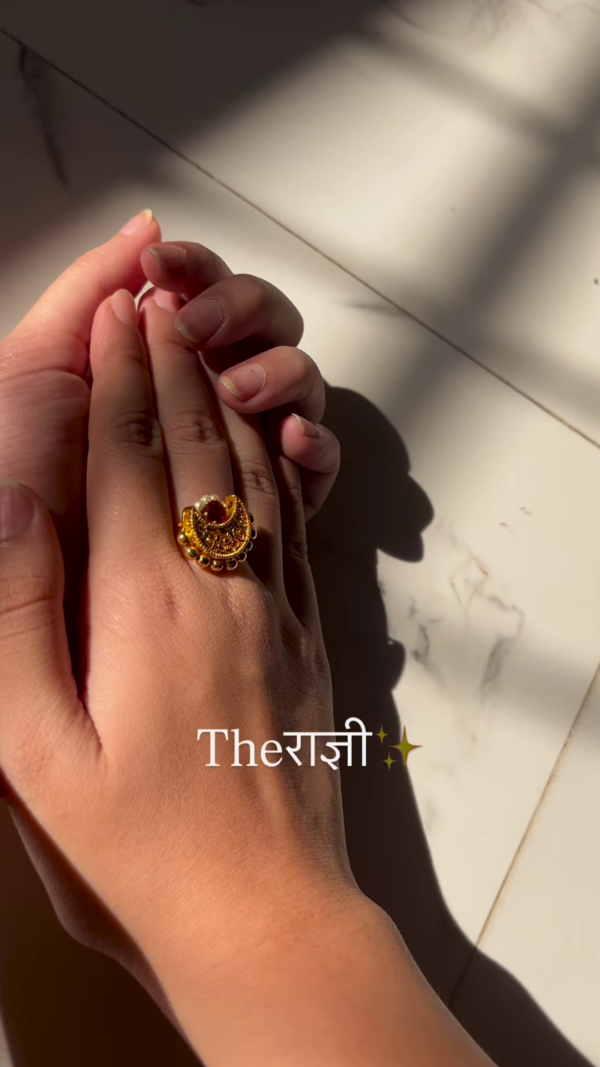 Ornate Gold-Toned Adjustable Ring with Ruby, Pearl, and Intricate Filigree - Image 3