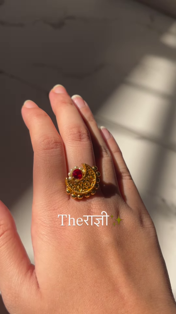 Ornate Gold-Toned Adjustable Ring with Ruby, Pearl, and Intricate Filigree - Image 2