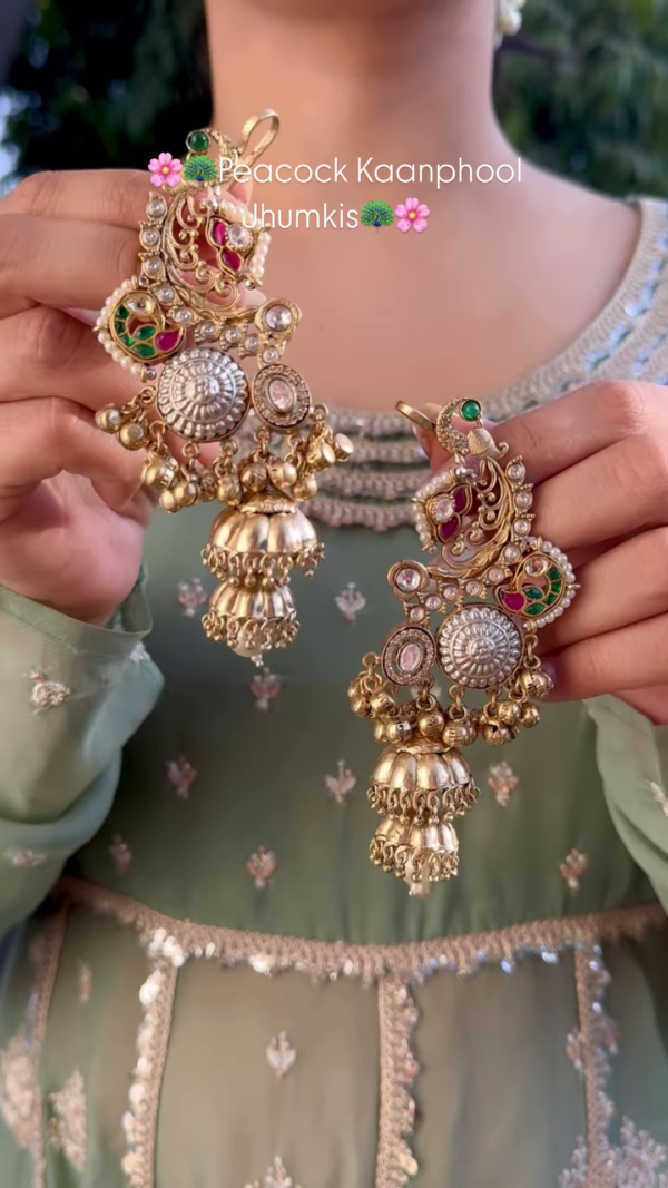 Exquisite Peacock Kaanphool Jhumki Earrings with Kundan and Enamel - Image 2